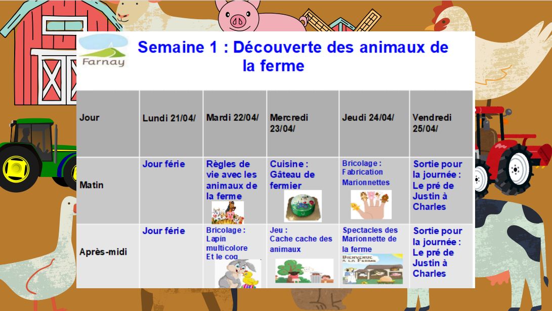 1ère semaine les animaux de la ferme